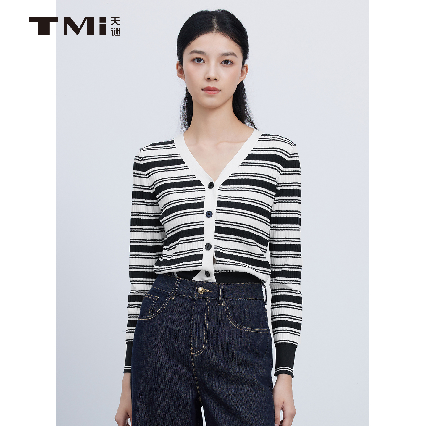 天谜条纹V领莱赛尔针织衫开衫