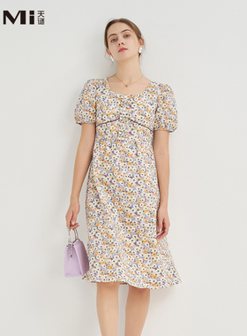 天谜连衣裙装饰纽扣方领碎花法式茶歇中长夏季女装TMi 222183