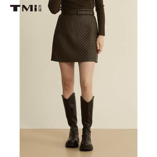 菱形格纹通勤短裙皮裙