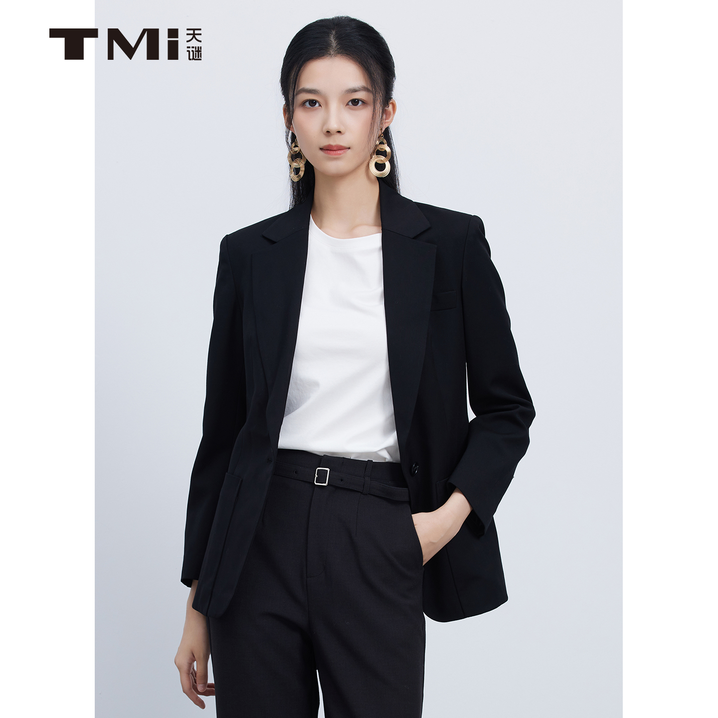 天谜简约黑色长袖西装外套