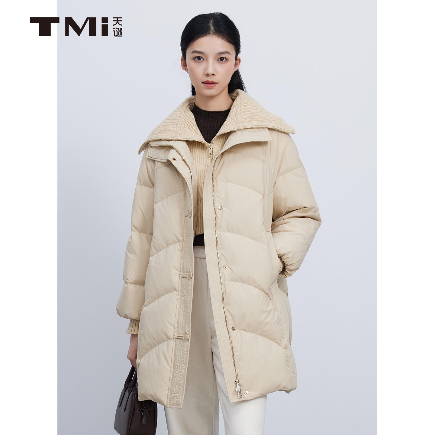 天谜可拆卸针织领羽绒服