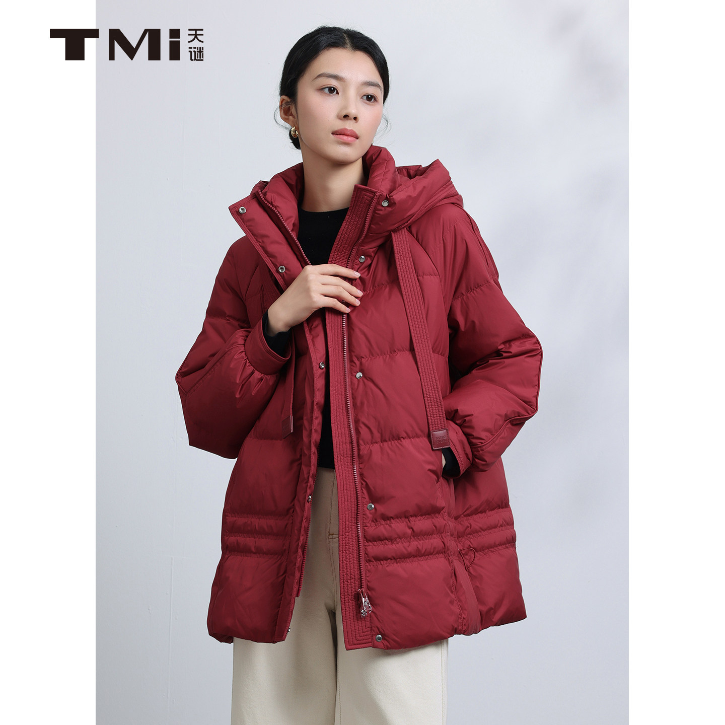 天谜时尚连帽羽绒服长袖红色喜庆保暖外套冬季女装TMi254190