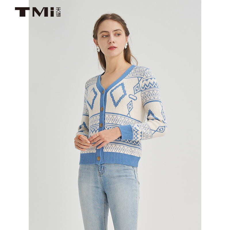 天谜单排扣几何图案开衫