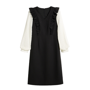 天谜连衣裙拼接V领木耳边淑女简约长裙2024秋季女装TMi241054