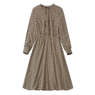 天谜连衣裙咖啡格纹淑女娃娃领茶歇加厚中长款冬季女装TMi 224178
