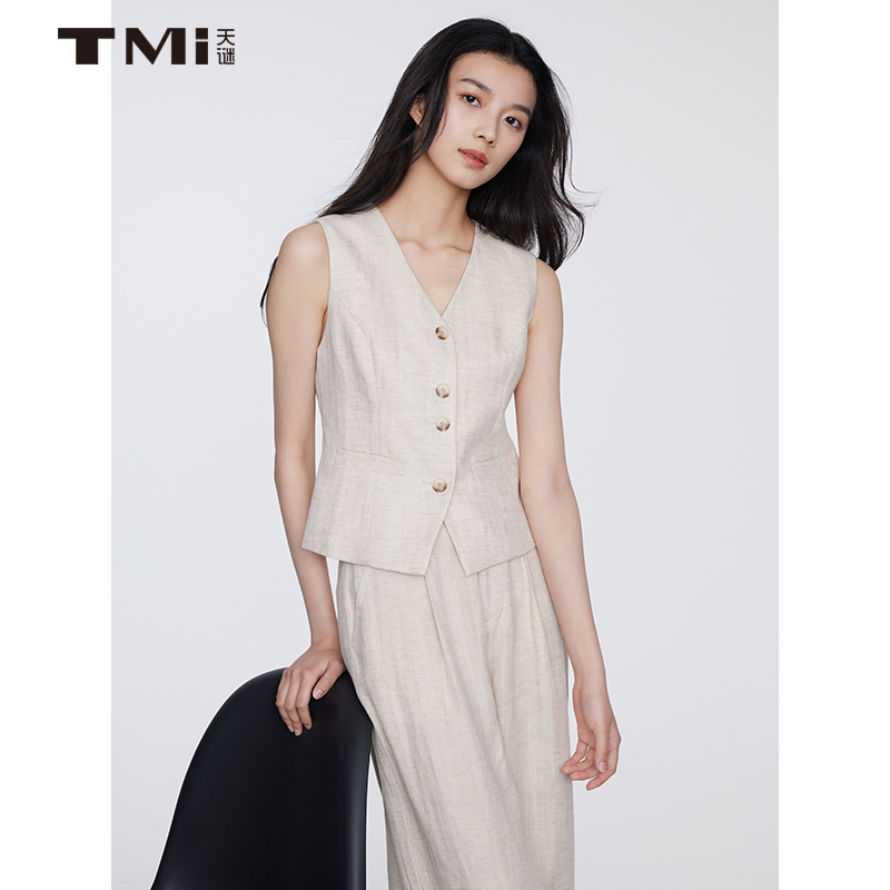 天谜亚麻老钱风马甲两件套