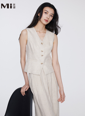 天谜舒适马甲套装无袖直筒裤亚麻老钱风两件套2025夏季TMi252019