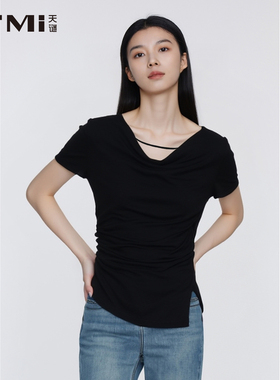 天谜一字肩T恤衫黑色简约百搭时尚小衫上衣2025夏季女装TMi252196