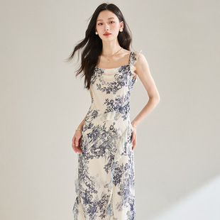 清倉女式 25夏季 連衣裙荷葉邊方領(lǐng)露背碎花吊帶收腰開叉裙