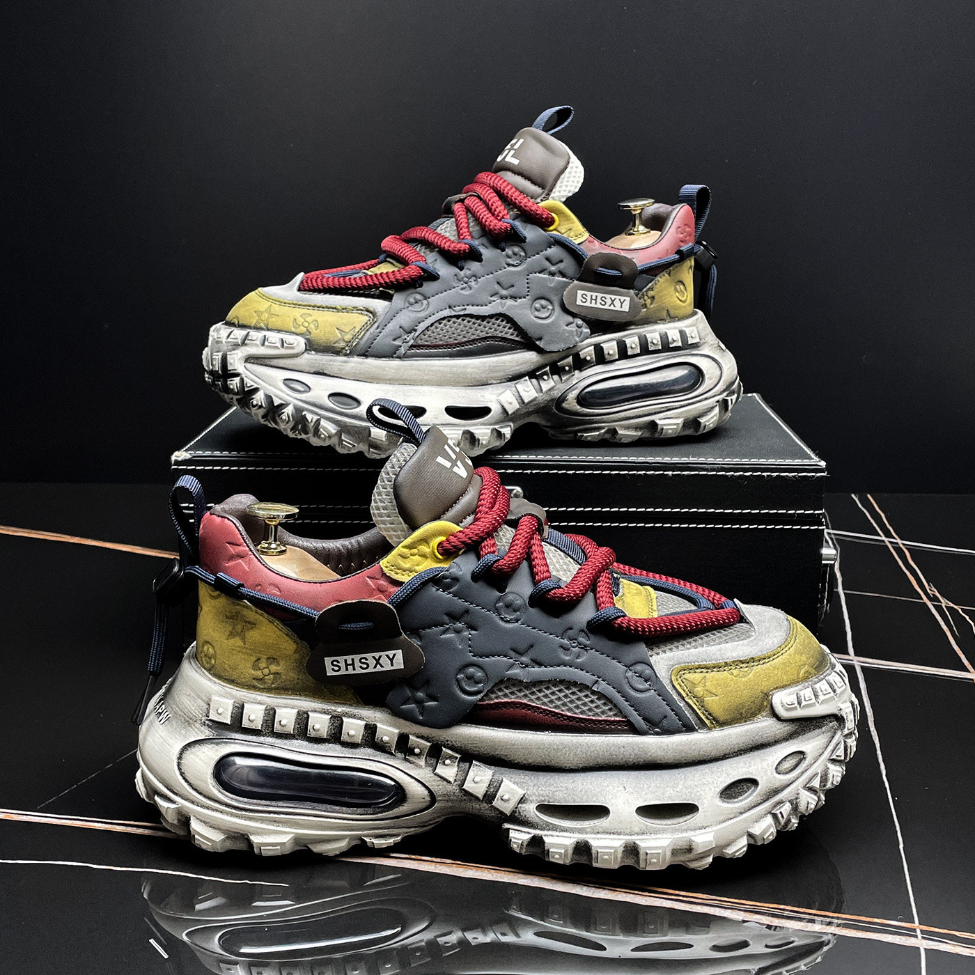 厚底老爹鞋男款秋冬气垫慢跑鞋潮牌男鞋高级感复古做旧运动休闲鞋