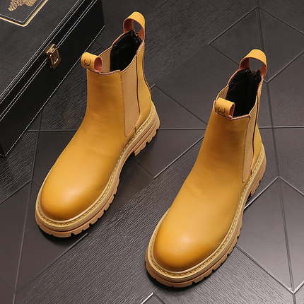 马丁靴男英伦潮牌厚底大黄靴子秋冬加绒保暖棉鞋套脚烟筒切尔西靴