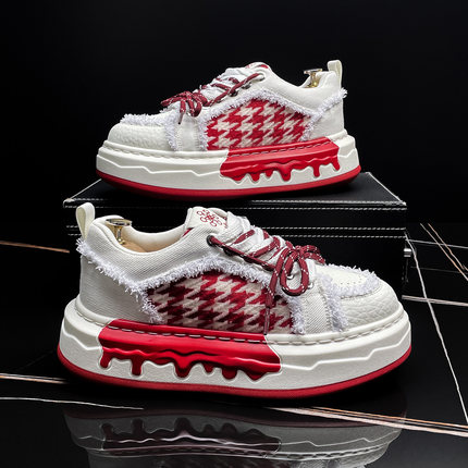 UCoc春季千鸟格流苏厚底板鞋男潮流时尚增高休闲鞋