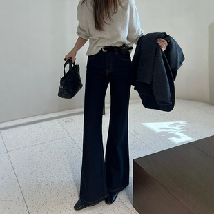 BEKISS贝斯7786加绒直筒微喇牛仔裤女冬季喇叭裤高腰深蓝色拖地裤