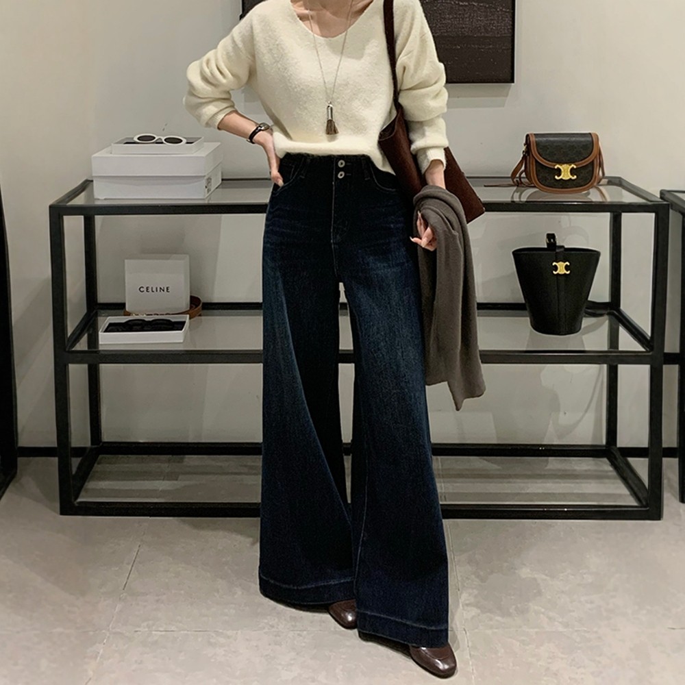 BEKISS贝斯7766加绒阔腿牛仔裤女冬季新款筒喇裤高腰宽松加厚甩裤