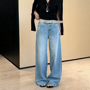 BEKISS贝斯7776-3阔腿牛仔裤女2026春季新款直筒裤复古破洞拖地裤
