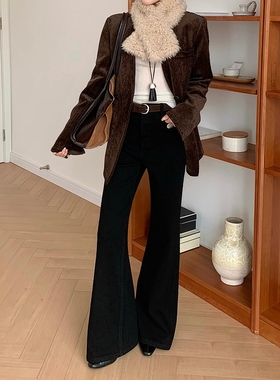 BEKISS贝斯7868加绒直筒喇叭牛仔裤女冬微喇裤毛边黑色加厚拖地裤