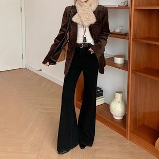 BEKISS贝斯7868加绒直筒喇叭牛仔裤女冬微喇裤毛边黑色加厚拖地裤