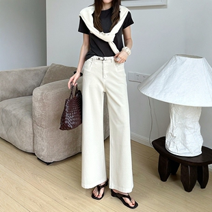 BEKISS贝斯7927-2阔腿牛仔裤女2026春季新款直筒裤杏色十分阔腿裤