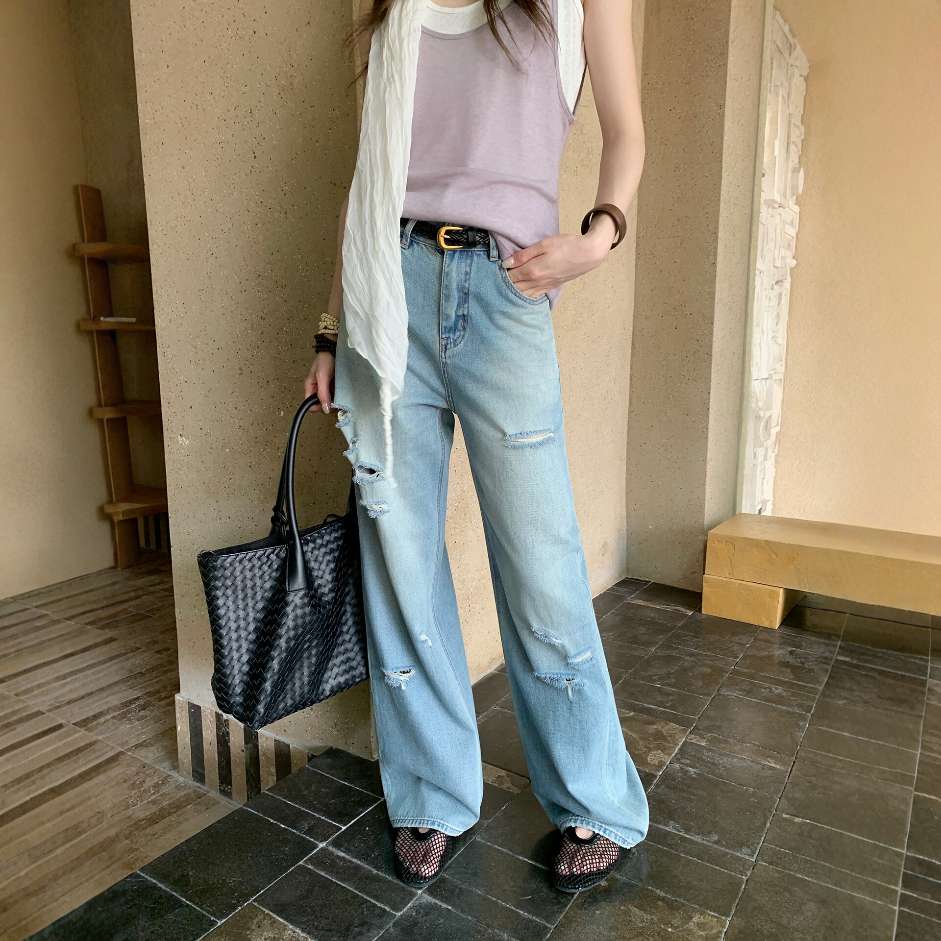 BEKISS贝斯7990阔腿牛仔裤女2026夏季新款直筒裤薄款破洞拖地裤子