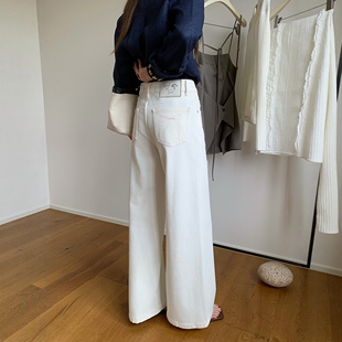 BEKISS7938-2直筒微喇牛仔裤女2026春蝴蝶结喇叭裤白色阔腿十分裤