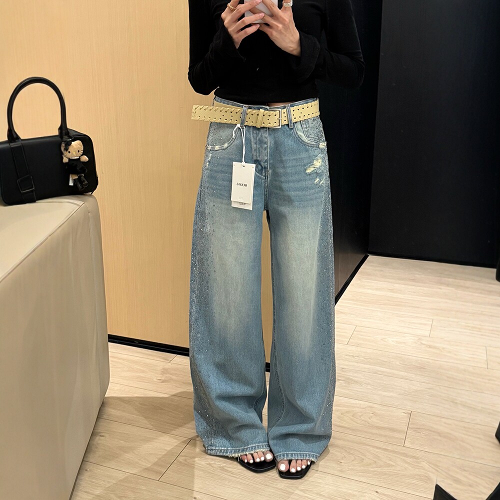 BEKISS贝斯7928阔腿牛仔裤女2026春季新款直筒裤满天星烫钻拖地裤