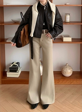 BEKISS贝斯7087加绒直筒喇叭牛仔裤女冬季微喇裤加厚卡其色拖地裤
