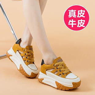 透气运动休闲鞋 夏季 圆头系带厚底松糕凉 女款 INS风7cm真皮老爹鞋