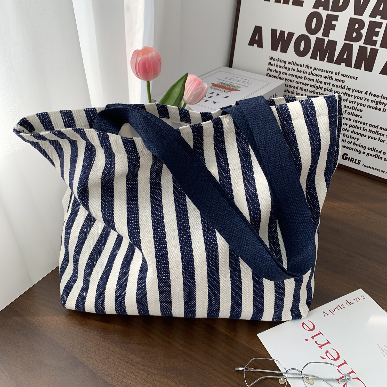 2025新款宽条纹单肩大容量旅游高级感百搭清新休闲时尚通勤上课包,箱包皮具/热销女包/男包,通用款女包,淘宝优惠券,粉丝福利购,淘宝优惠卷