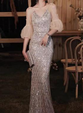 深圳出租黑色晚礼服女新款高级感宴会气质主持人鱼尾裙高贵优雅