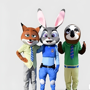 深圳出租疯狂动物城朱迪尼克闪电卡通人偶服装兔子狐狸树懒玩偶服