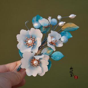 [雍容华贵]新款古风原创设计汉服发饰高级感蓝色牡丹发夹旗袍头饰