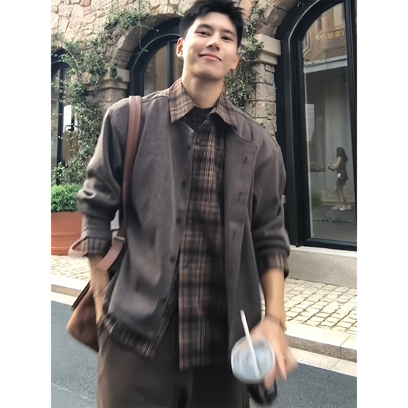 假两件拼接衬衫针织衫外套男生秋季穿搭高级感老钱风咖色开衫毛衣