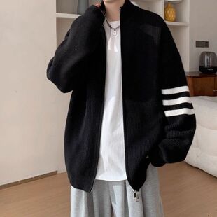 韩版立领开衫毛衣男秋冬季慵懒高级感轻熟风宽松三条杠针织衫外套