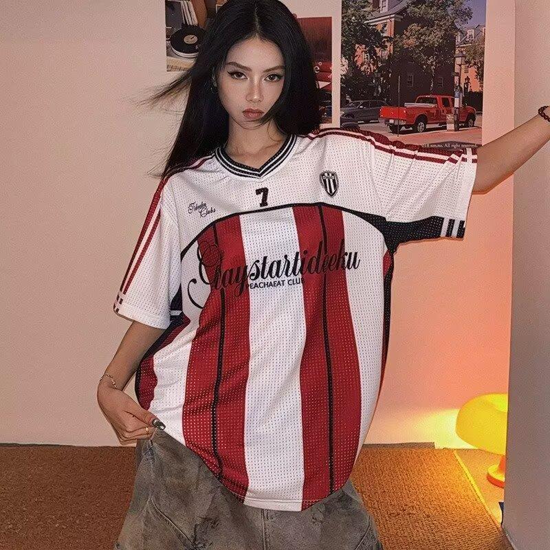 美式复古撞色V领球衣T恤男女夏季潮牌嘻哈宽松休闲运动风情侣上衣