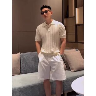 夏季黑色解构宽肩男士POLO衫翻领宽松短袖翻领男式白色t恤上衣ins