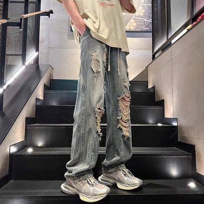 直筒长裤破洞夏季设计感牛仔裤潮