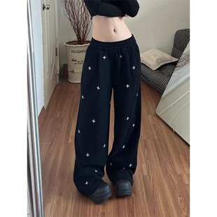 美式复古十字满印休闲裤男女春季百搭直筒简约阔腿宽松运动卫裤子