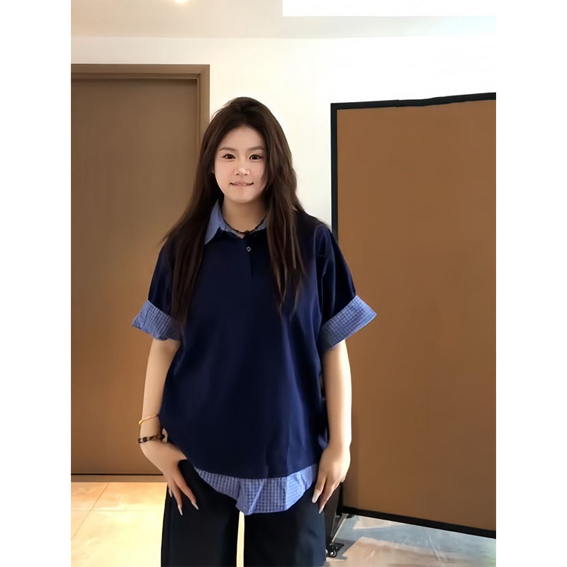 韩系学院风格纹拼接polo领短袖T恤男女夏季设计感假两件翻领上衣