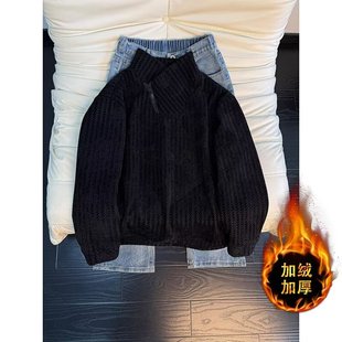 鱼骨条纹斜拉链立领卫衣男款冬季无帽加绒内搭加厚中领长袖打底衫