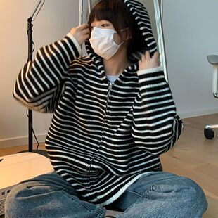 黑白条纹撞色拉链开衫连帽毛衣男女春秋宽松慵懒风百搭针织衫外套