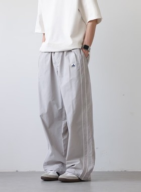 灰色弯刀运动休闲裤男款春秋季美式潮牌侧边设计感明线直筒阔腿裤
