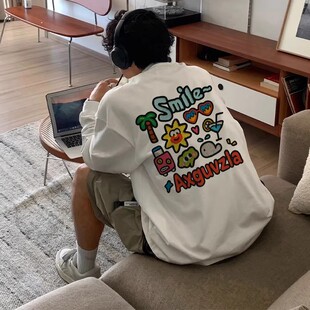 美式潮牌卡通动漫趣味印花白色圆领长袖T恤男款春季纯棉重磅上衣