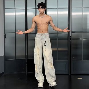 美式高街破洞牛仔裤男款夏季薄款高腰工装长裤直筒宽松弯刀阔腿裤