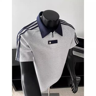 美式复古高级感三杠条纹运动风POLO领短袖t恤男宽松大码潮流上衣