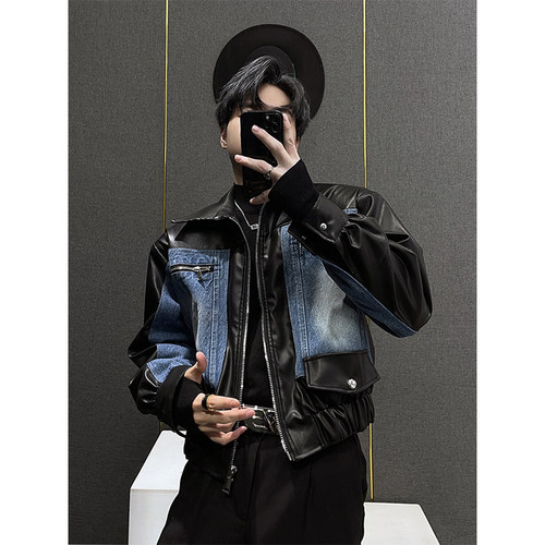 复古外套男女春秋季小众拼接设计韩版潮牌短款百搭夹克休闲上衣bf