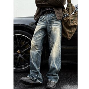 2026美式复古水洗蓝竹节纹阔腿牛仔长裤慵懒宽松直筒弯刀裤男女款
