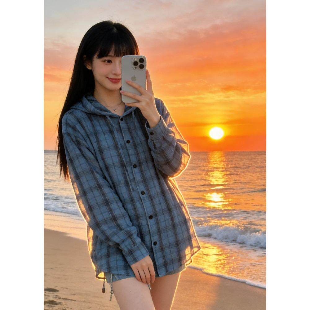 复古男女款春夏宽松日系蓝色格子衬衫小众潮牌chic港味长袖防晒衣
