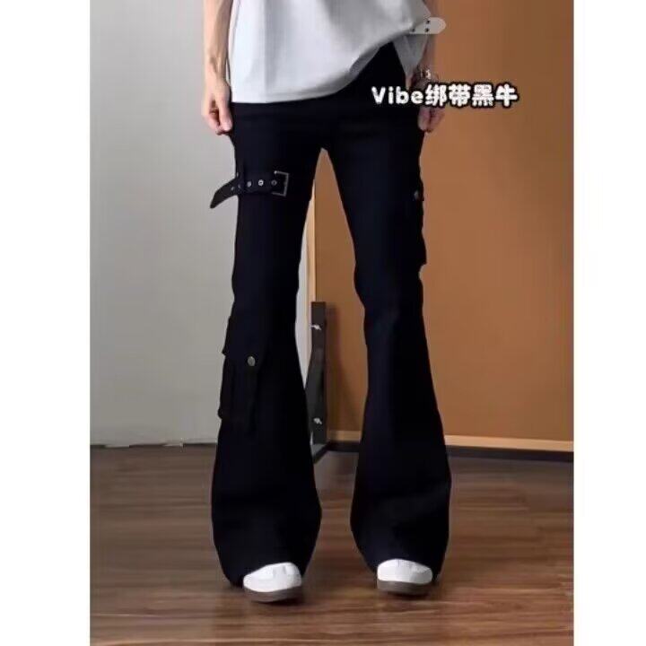 多口袋微喇叭工装牛仔裤男女夏季美式显瘦修身休闲长裤潮牌拖地裤