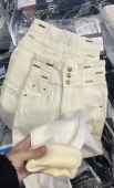 米白色高腰加绒加厚软牛仔MIN金属扣重工小脚锁边小脚裤 铅笔裤 女