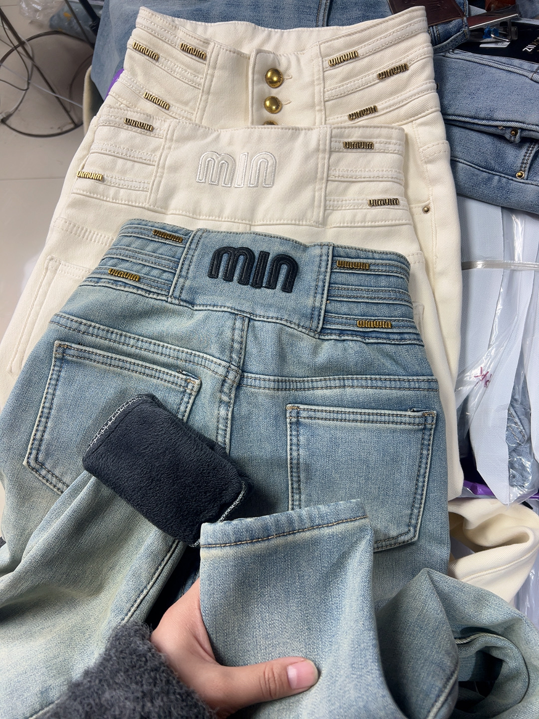 欧货高品质铅笔裤加绒加厚min字母高腰高弹修身锁边小脚牛仔裤女